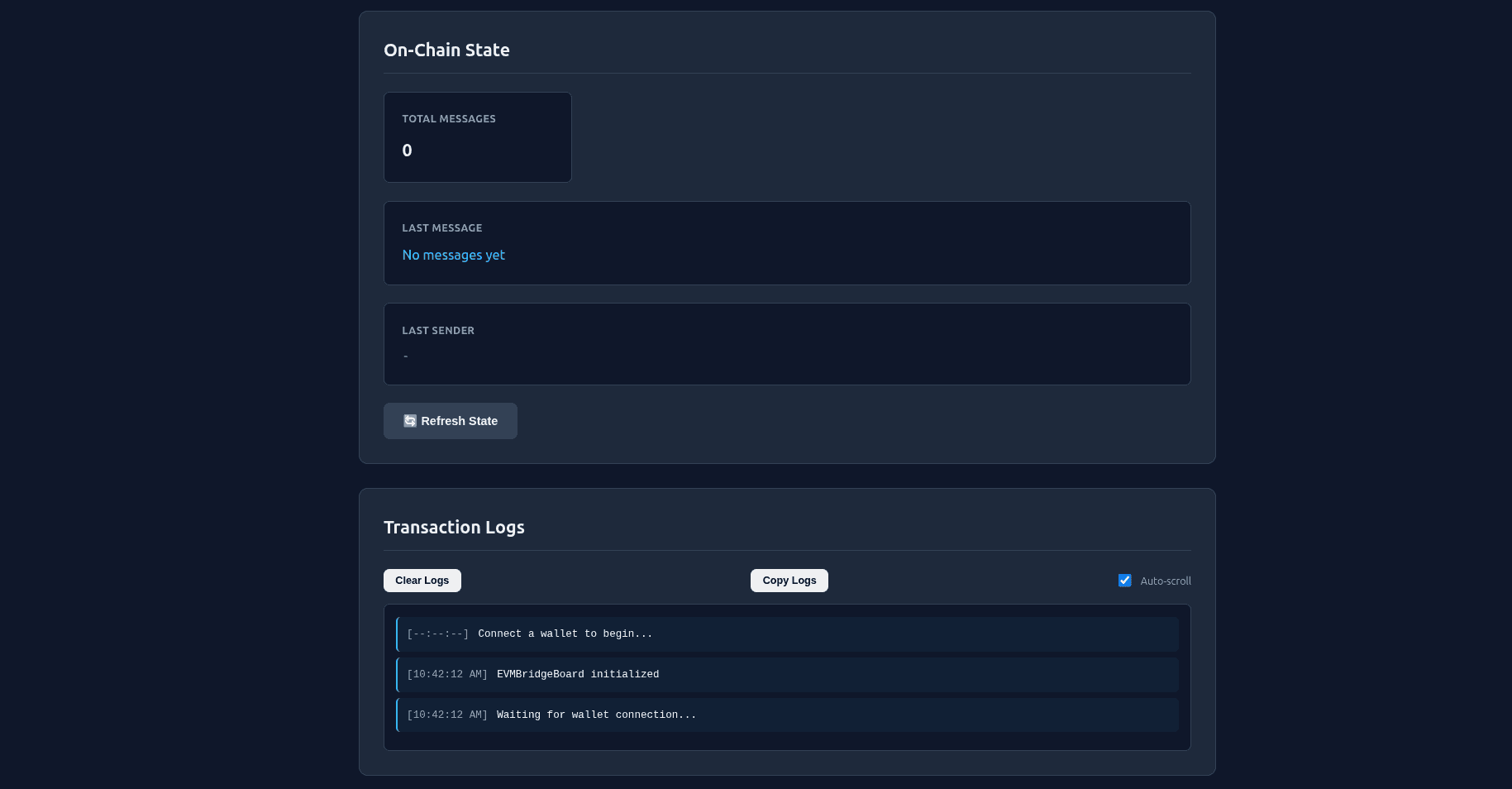 EVMBridgeBoard wallet connection and identity view