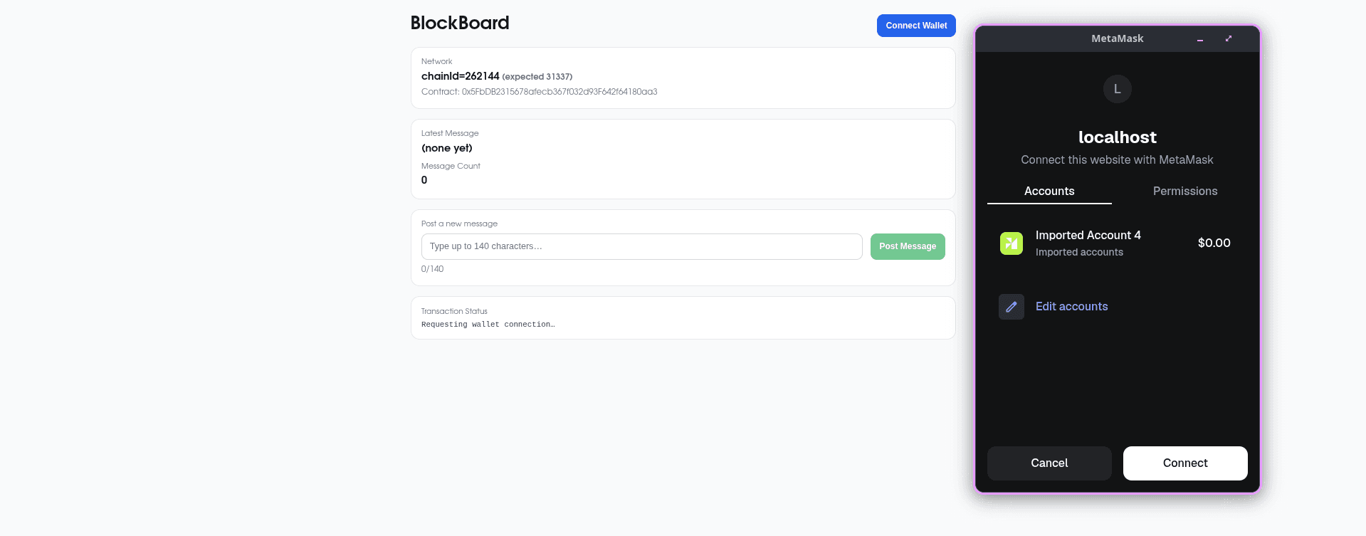 MessageBoard-EVM transaction and state view